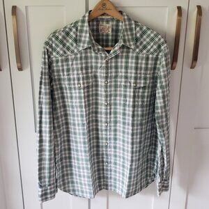 Lucky Brand Plaid Shirt Mens L Green White California Fit Western Snap Button